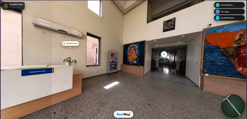 BootWay 360 virtual tour of a reception lobby with walk-here hotspot, place search, and floor mini-map
